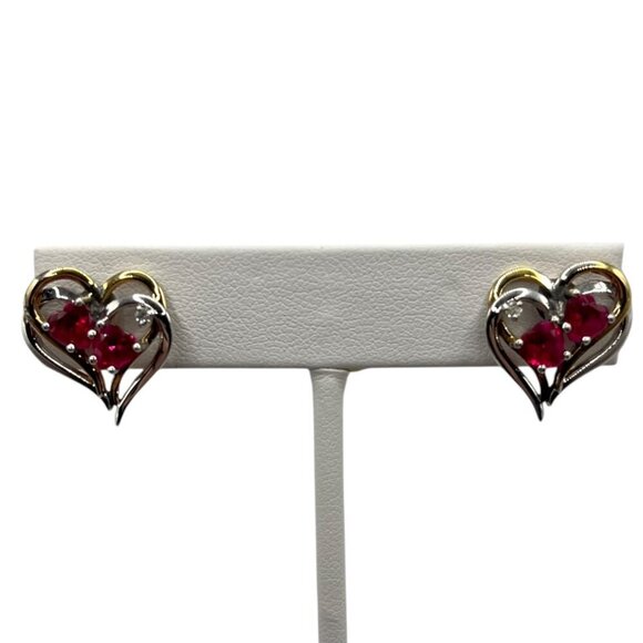 Varsano 925 Silver Ruby Diamond Accent Double Heart Two Tone Heart Stud Earrings - Picture 1 of 7